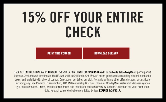Outback Steakhouse: 15% off Your Entire Check Coupon - DEAL MAMA
