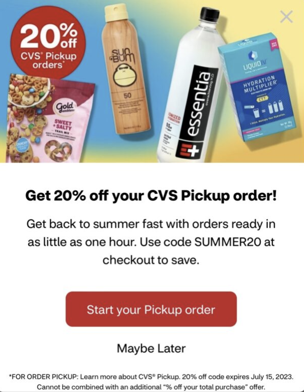 20 off your purchase when you order online and pick up in store at CVS