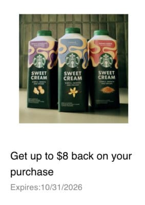 FREE Starbucks Sweet Cream Coffee Creamer — Get Up to $8 Back on Your Purchase!