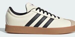 adidas Women's VL Court Base Shoes in off white with black stripes and gum sole