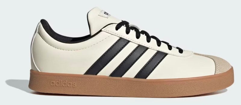 adidas Women's VL Court Base Shoes in off white with black stripes and gum sole