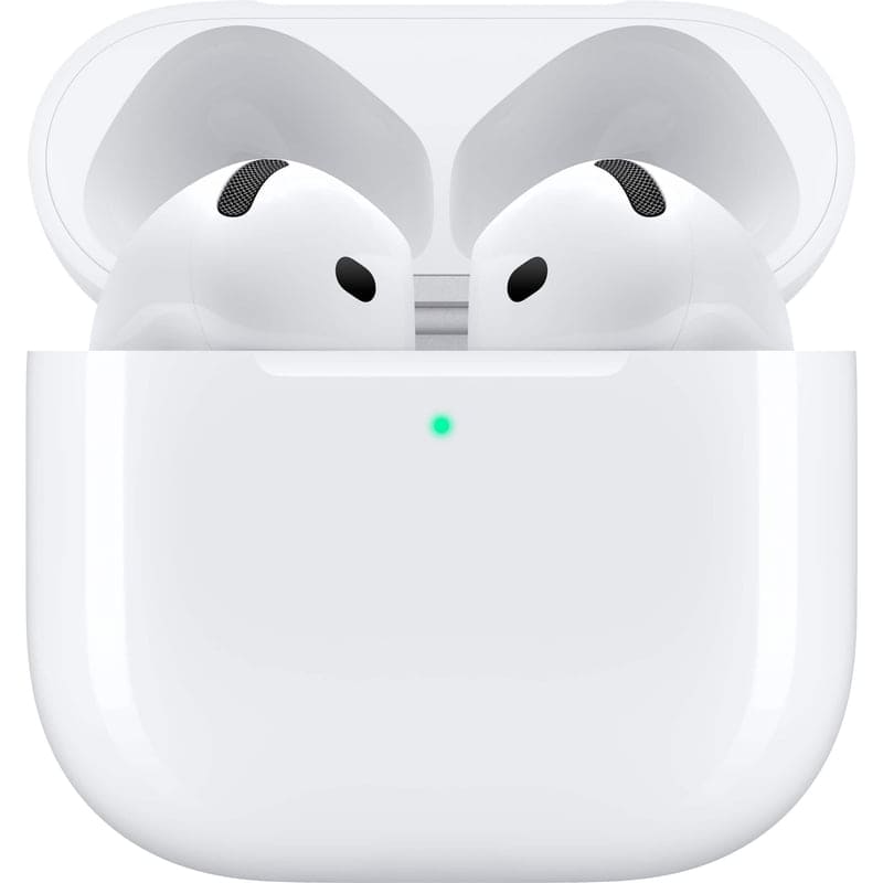 Apple AirPods 4 earbuds in their white USB-C charging case