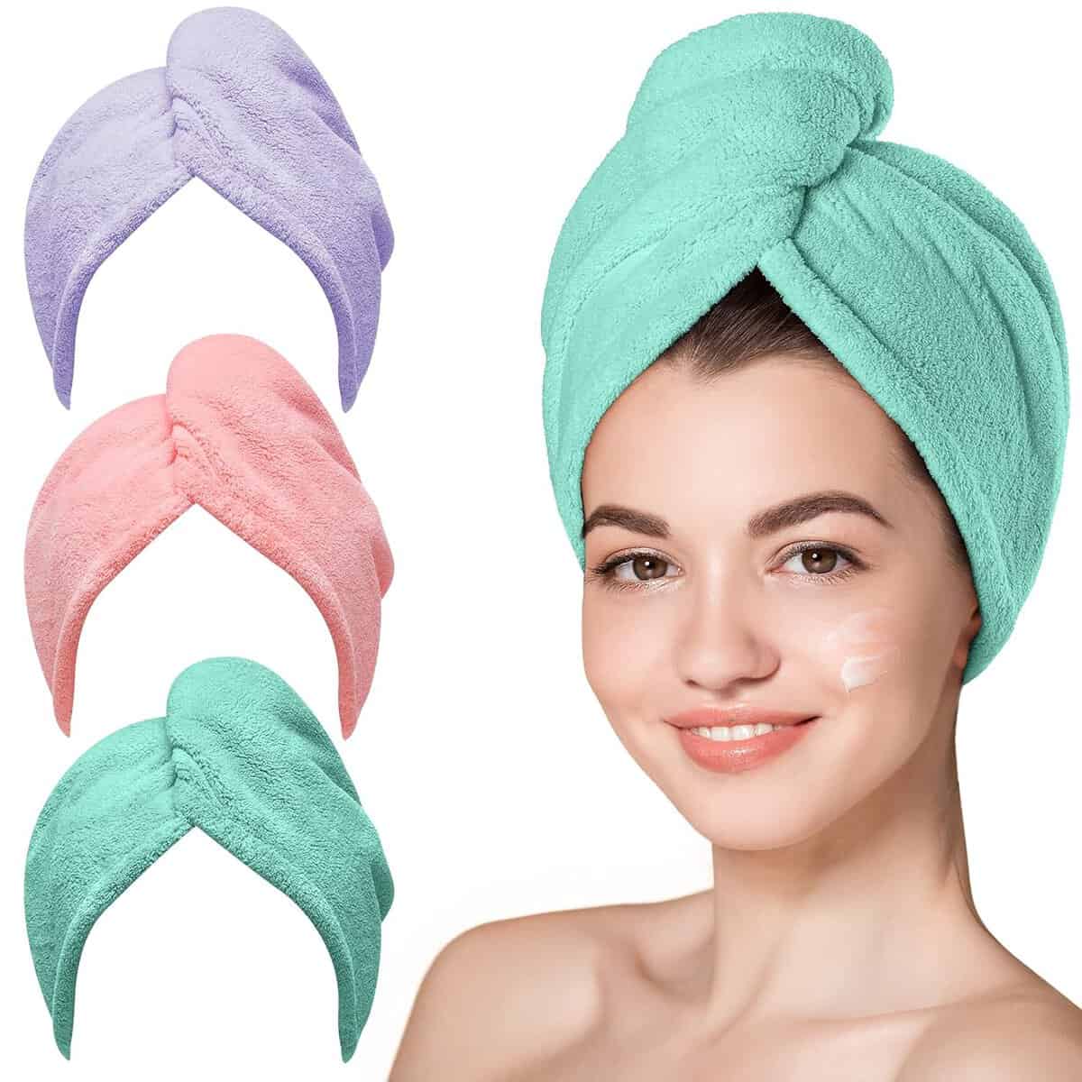 Hicober microfiber hair towel wraps in green, pink and purple, 3-pack