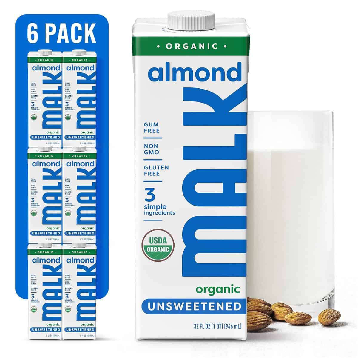MALK Organic Unsweetened Almond Milk, six 32-ounce cartons